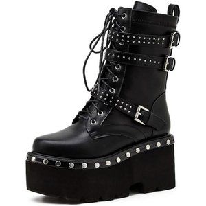 💋RESERVED: CYNLLIO STUDDED MID CALF MOTO PLATFORM COMBAT BOOTS!!!